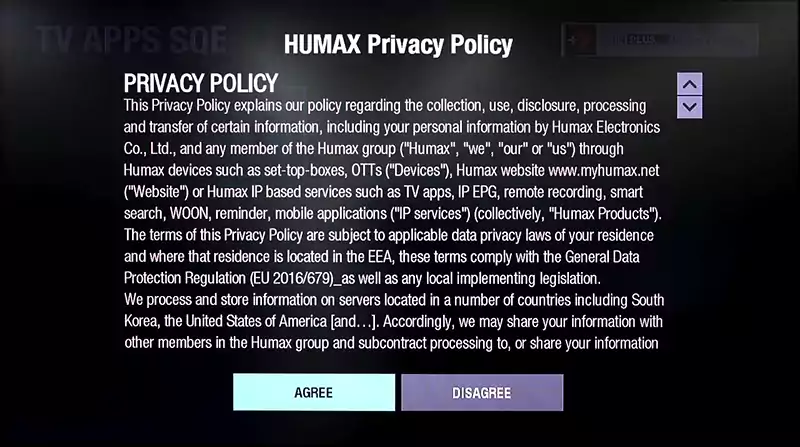 Humax Privacy Policy screen