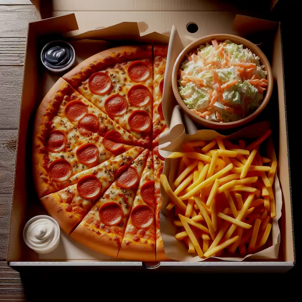 Pizza platter with half a pepperoni pizza, fries and coleslaw in a pizza box