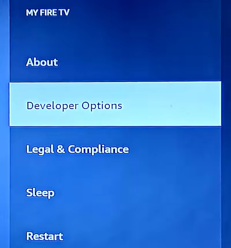 Fire TV developer options menu has appeared