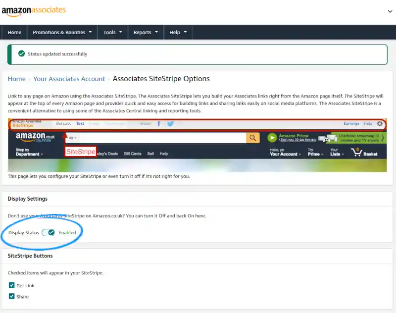enable amazon associates Site Stripe instructions