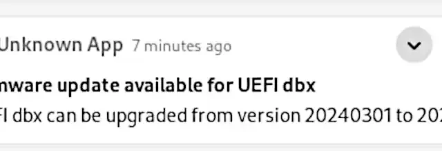 Firmware update available for UEFI dbx from Unknown App