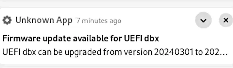 Firmware update available for UEFI dbx from Unknown App