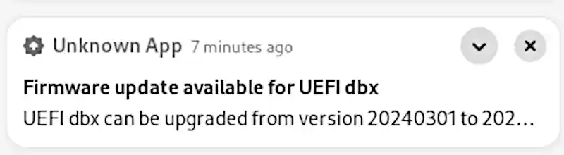 Firmware update available for UEFI dbx from Unknown App